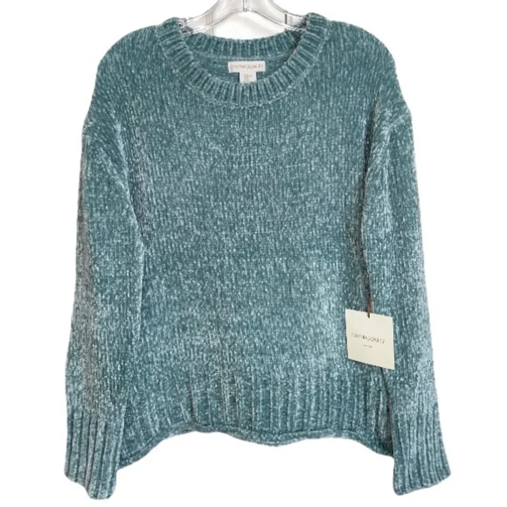 Soft Chenille Sweater Aqua Teal Turquoise Boxy Chunky Round Scoop Crew Neck XL - Picture 12 of 15